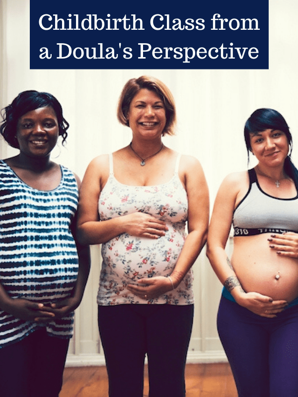 Three pregnant women receiving childbirth education from a doula's perspective.
