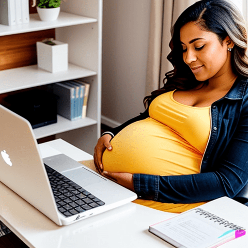 Pregnant woman in a yellow shirt sitting at her laptop.
