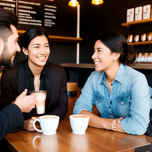 A doula in a blue shirt interviewing with a family in a coffee shop.